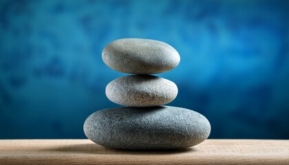 zen stones balance on edge with blue textured backdrop