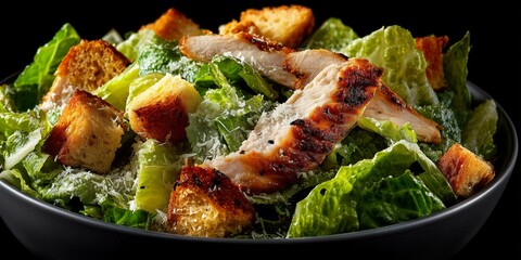 Gourmet Caesar. A fresh salad topped with grilled chicken and croutons sits in a black bowl. The image showcases a healthy, appetizing meal with vibrant ingredients.