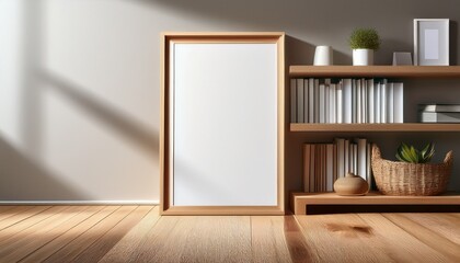 photo frame stand on floor near shelf