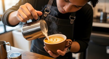 A barista pouring steamed milk into a cup of coffee creating latte art in a brown ceramic mug