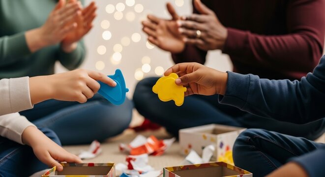 Children exchanging blue and yellow toys in front of applauding adults surrounded by gift boxes and bokeh lights - Powered by Adobe