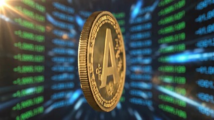 Golden Bitcoin Coin Floating Against a Dynamic Financial Stock Market Ticker Display. - Powered by Adobe