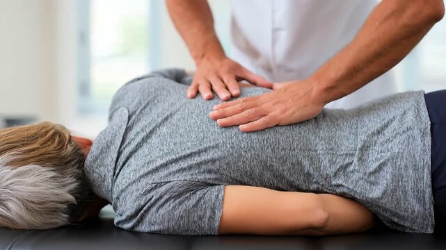 A healthcare professional provides chiropractic treatment to a patient lying on a table, focusing on spinal alignment and overall wellness in a calm, therapeutic environment.