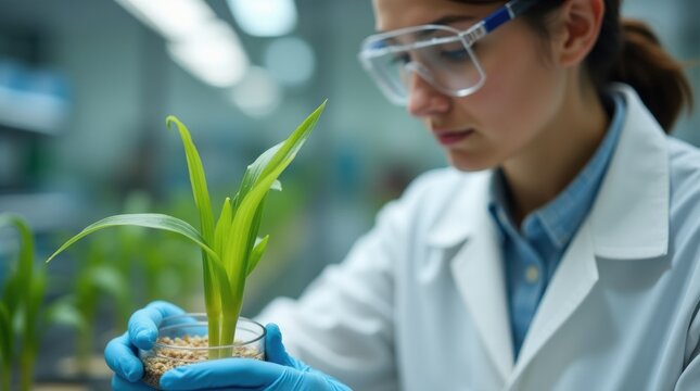 A scientist in a lab coat and safety glasses carefully examines a vibrant green maize seedling growing in a petri dish.
 - Powered by Adobe