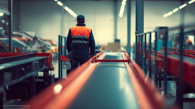 A lone worker in an orange vest walks down a brightly lit baggage conveyor belt. The image captures the focus and routine of airport operations.
