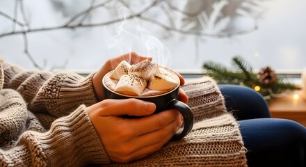 Person holding a mug of hot chocolate with marshmallows near a window on a cold winter day