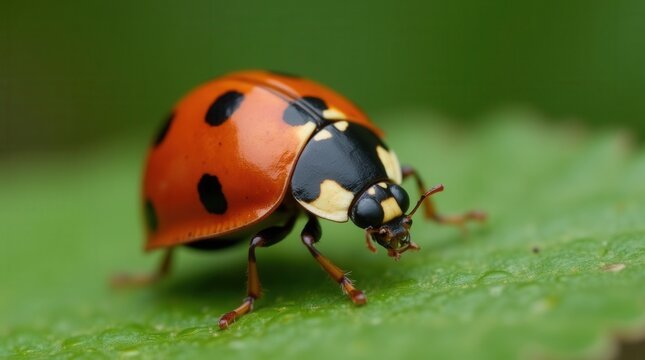 Closeup of a ladybug on a leaf, a natural form of pesticide
