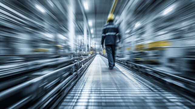 A lone figure walks briskly through a motion-blurred subway, embodying modern life pace and solitude. The image captures urgency, city energy, and cinematic movement.