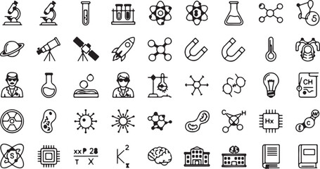 Comprehensive Science, Research, and Laboratory Line Icon Set: Microscope, Test Tubes, Chemistry, Physics, Astronomy, Brain, and Educational Material Vector Graphics. eps
