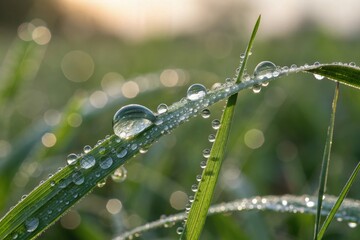 Water droplets on green grass blades in morning sunlight