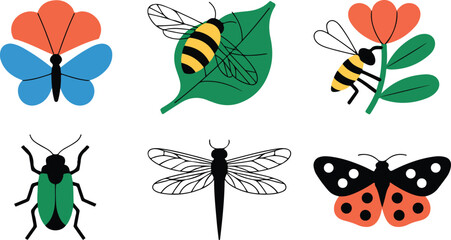 Vibrant Insects and Flowers on White Background butterfly