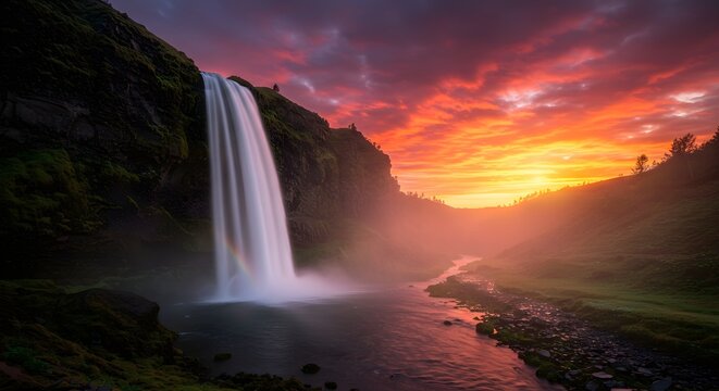 Majestic waterfall cascading into a serene pool at sunrise with vibrant, fiery sky. - Powered by Adobe