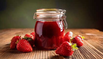 a jar of red jam is on a wooden table with strawberries