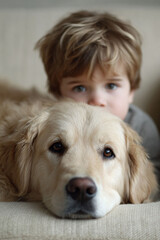 Heartwarming portrait of a young boy and his loyal dog. Gentle eyes convey love, friendship, and innocence. Perfect for family, pets, childhood, and lifestyle content.