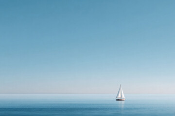Obraz premium Minimalist seascape featuring a sailboat gliding on calm waters under a clear, serene sky. Represents freedom, tranquility, and escape. Perfect for travel, adventure, or inspirational themes.