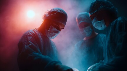Obraz premium Dramatic surgical ope n in a hazy dimly lit room with red and blue lighting