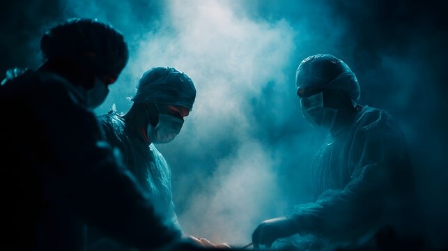 Team of surgeons in masks and scrubs work intensely in a dramatic hazy operating room with blue lighting