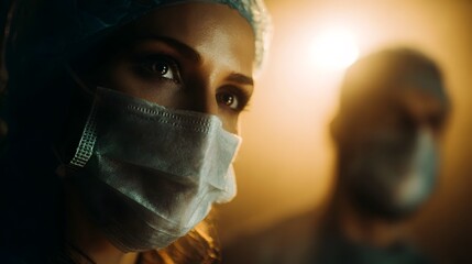 Focused medical professional in mask dramatic golden lighting with colleague in background