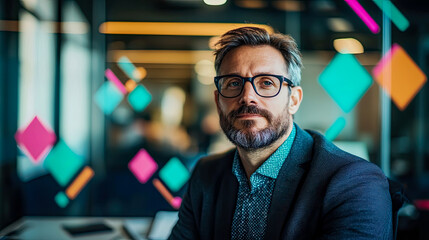 Thoughtful professional man with distinguished beard and glasses looking confidently at camera, set against vibrant, blurred geometric background in modern office environment.