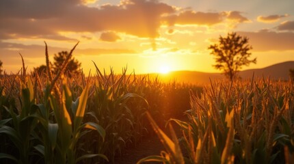 Golden Cornfield Sunset Landscape Natural Agriculture

