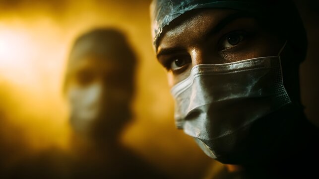 Close up portrait of a medical professional in a surgical mask intense focus illuminated by dramatic golden light in a hazy environment - Powered by Adobe