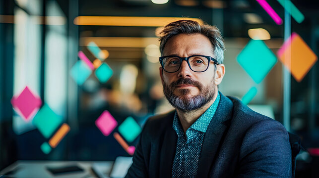 Thoughtful professional man with distinguished beard and glasses looking confidently at camera, set against vibrant, blurred geometric background in modern office environment.