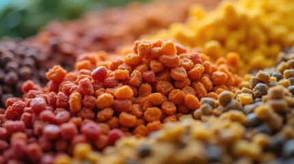 Macro shot of colorful granular fertilizer pellets with NPK label
