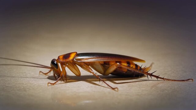 Close up profile of a cockroach on a textured surface