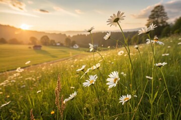 White Daisies Growing in a Sunny Meadow with a Warm Tone
