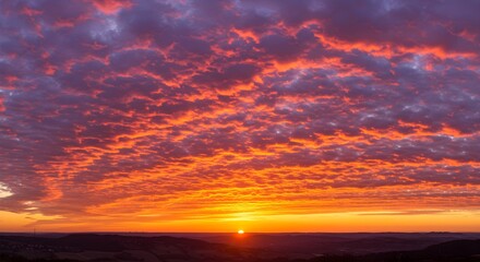 Fototapeta premium Vibrant sunset, orange sky, purple clouds, landscape photography, natural scenery