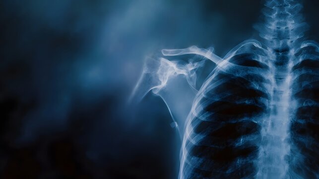 Detailed X ray image of a human shoulder and chest revealing intricate bone structure ribs and clavicle against a blue smoky background