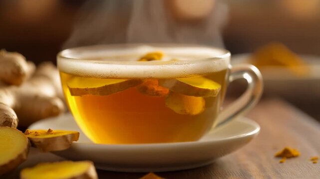 Healthy Ginger Tea with Turmeric and Lemon Slices