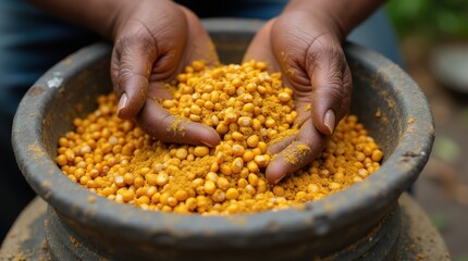 Stone grinding colorful maize kernels into fresh flour
