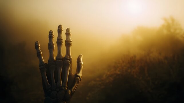 A skeletal hand emerges from dense golden fog in a mysterious atmospheric landscape