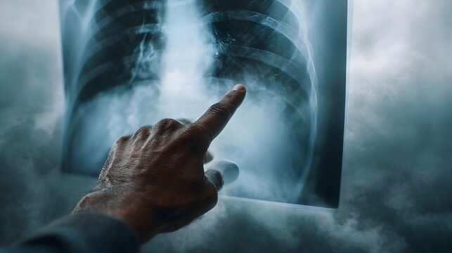 Close up of a hand pointing at a chest X ray with a dramatic cloudy atmospheric background