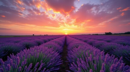 Vibrant lavender field rows leading to a dramatic sunset
