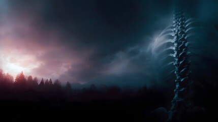 A ghostly human spine overlays a dark atmospheric forest landscape at dawn