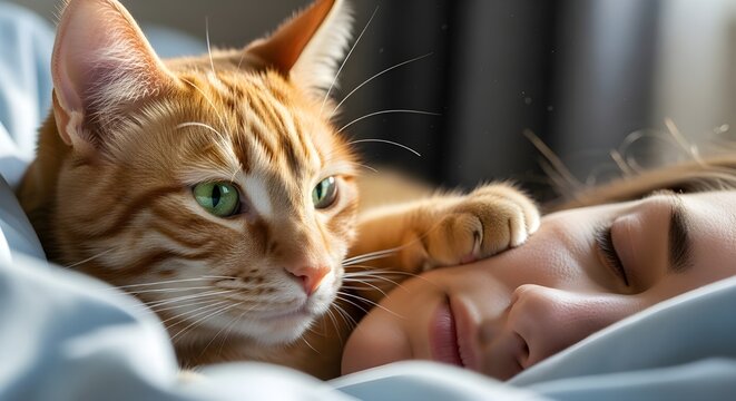 Cute cat lying on a bed looking at the camera,A cat gently patting a person's face to wake them up in the morning, national cat lover's month