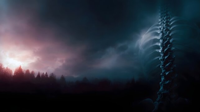 A ghostly human spine overlays a dark atmospheric forest landscape at dawn