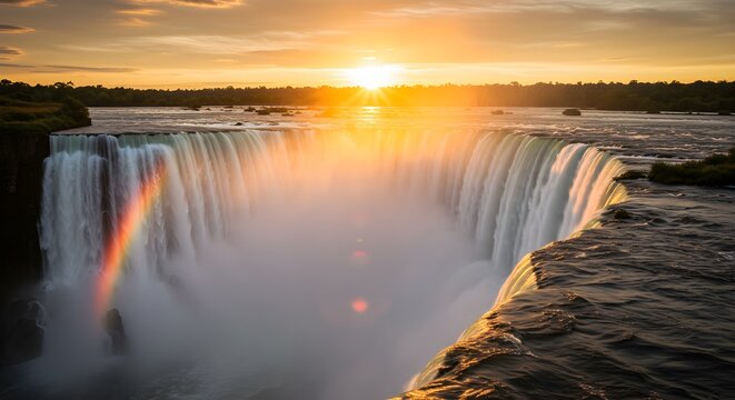 Majestic waterfall cascades at sunset with a vibrant rainbow in the mist, evoking awe and natural wonder. - Powered by Adobe