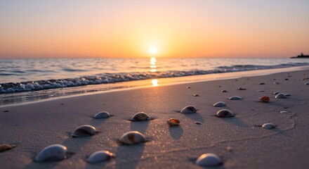Tranquil beach scene at sunset with gentle waves and scattered seashells on wet sand