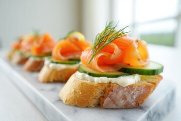 Delicious smoked salmon on toasted bread with fresh cucumber slices