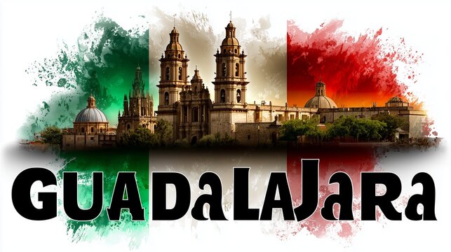 Vibrant text spelling "GUADALAJARA" overlays the city&rsquo;s iconic cathedral and Mexican flag. The design celebrates cultural pride, heritage, and urban identity.