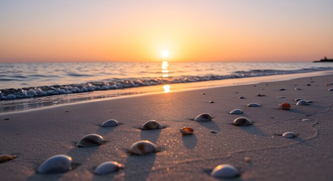 Tranquil beach scene at sunset with gentle waves and scattered seashells on wet sand