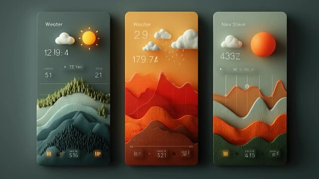 Weather Application Design: An innovative concept of weather app showcasing a user-friendly interface with artistic representations of weather conditions and environmental data.