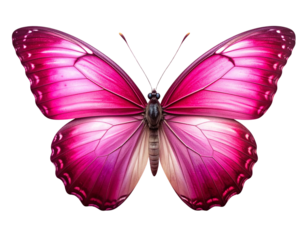  A realistic AI-generated butterfly with deep pink wings spread wide, subtle gradients of magenta and rose tones, deand faint drop shadow for realism, isolated on a clean white background.