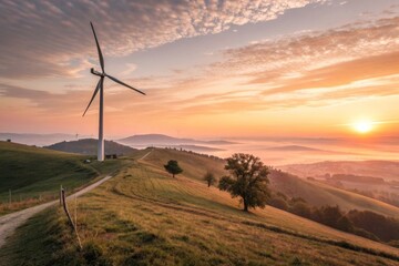 Wind Turbine on a Hill at Sunrise in a Beautiful Landscape