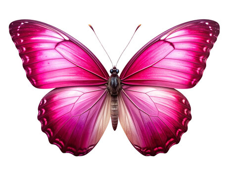  A realistic AI-generated butterfly with deep pink wings spread wide, subtle gradients of magenta and rose tones, deand faint drop shadow for realism, isolated on a clean white background.