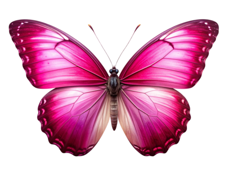  A realistic AI-generated butterfly with deep pink wings spread wide, subtle gradients of magenta and rose tones, deand faint drop shadow for realism, isolated on a clean white background.