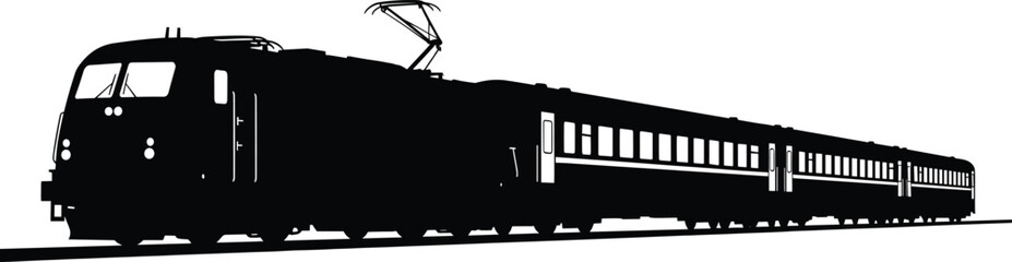 Silhouette of a vintage electric train with pantograph on tracks, train, transportation, railway, locomotive, vintage, retro, silhouette, black and white, electric, travel, journey, transport, engine,